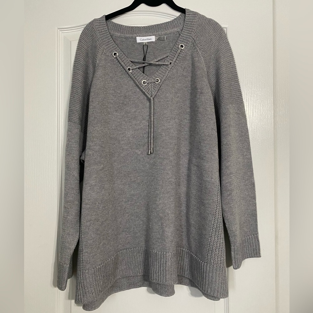 Calvin Klein V Neck Lace Up Sweater Gray Women’s Size 3X